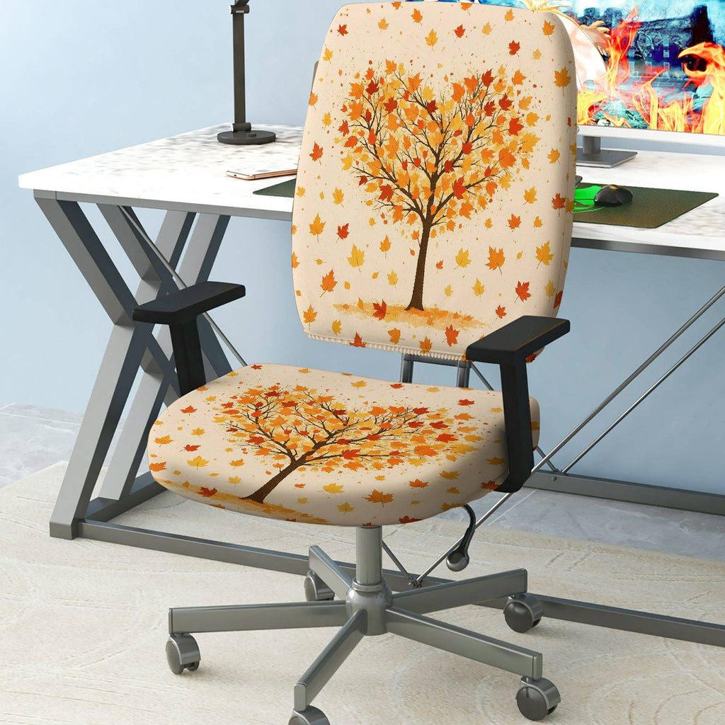 2-Piece Autumn Tree Leaves Pattern Seasonal Thanksgiving  Computer Chair Cover Set, Seat and Backrest