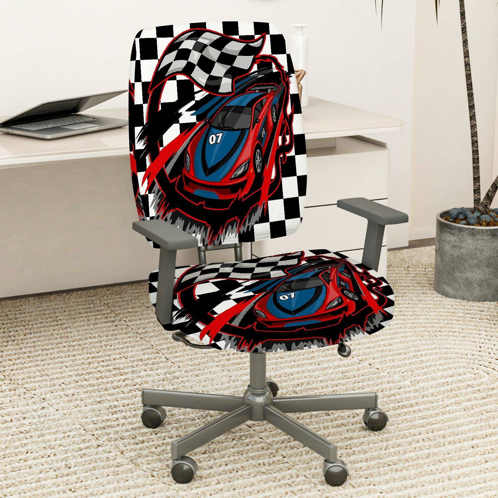 2-Piece Racing car checkered flag black red blue  Computer Chair Cover Set, Seat and Backrest