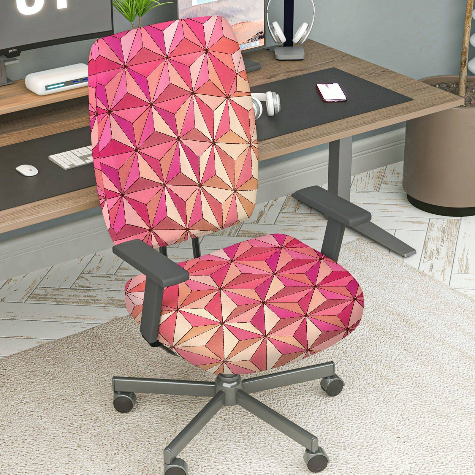 2-Piece Geometric Pink Pattern Modern Stylish  Computer Chair Cover Set, Seat and Backrest