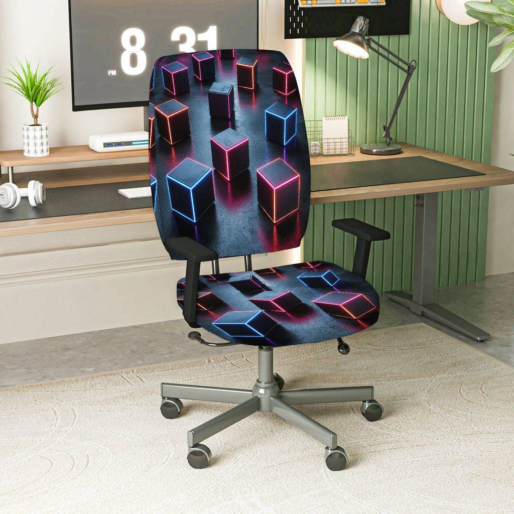 2-Piece Modern Digital Abstract Geometric Cube  Computer Chair Cover Set, Seat and Backrest