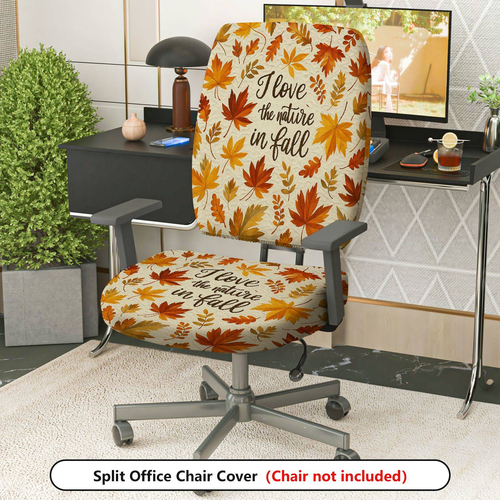 2-Piece Autumn Fall Leaves Pattern Nature  Computer Chair Cover Set, Seat and Backrest