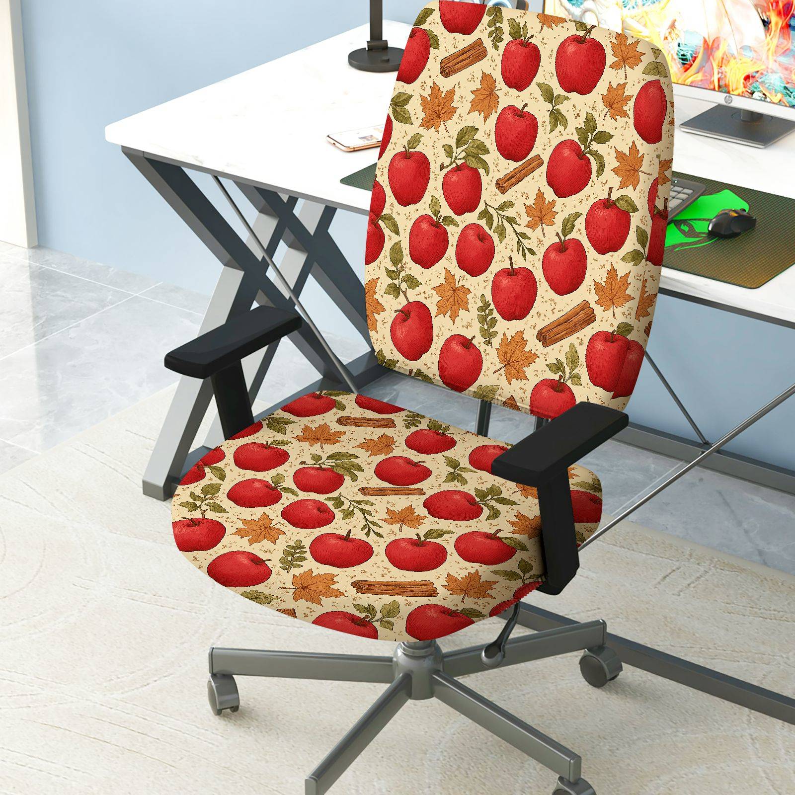 2-Piece Apple Pattern Autumn Leaves Cinnamon  Computer Chair Cover Set, Seat and Backrest