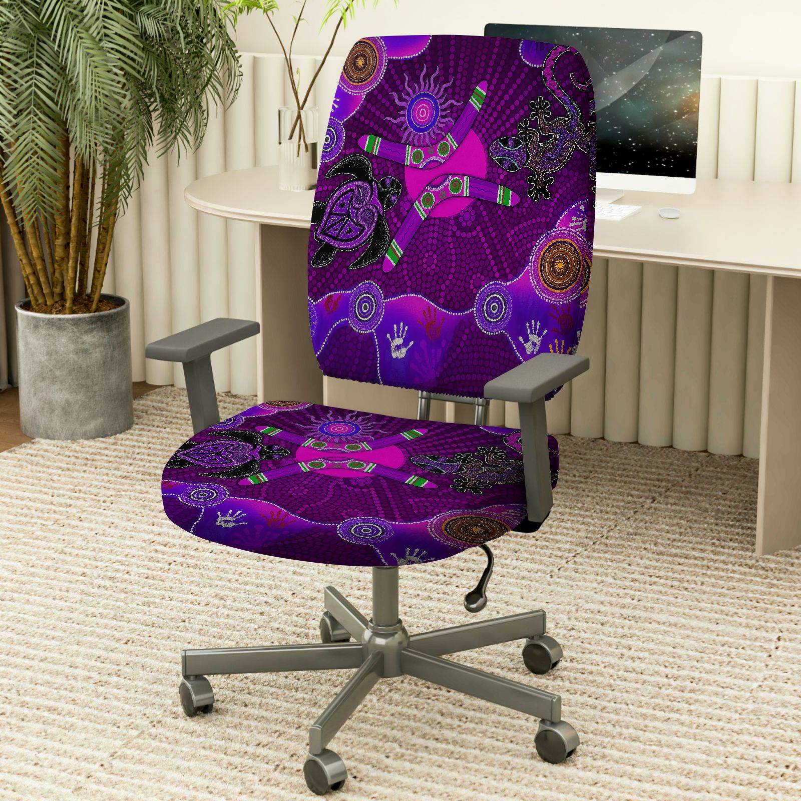 2-Piece Geometric Abstract Artistic Purple Pattern Festival  Computer Chair Cover Set, Seat and Backrest