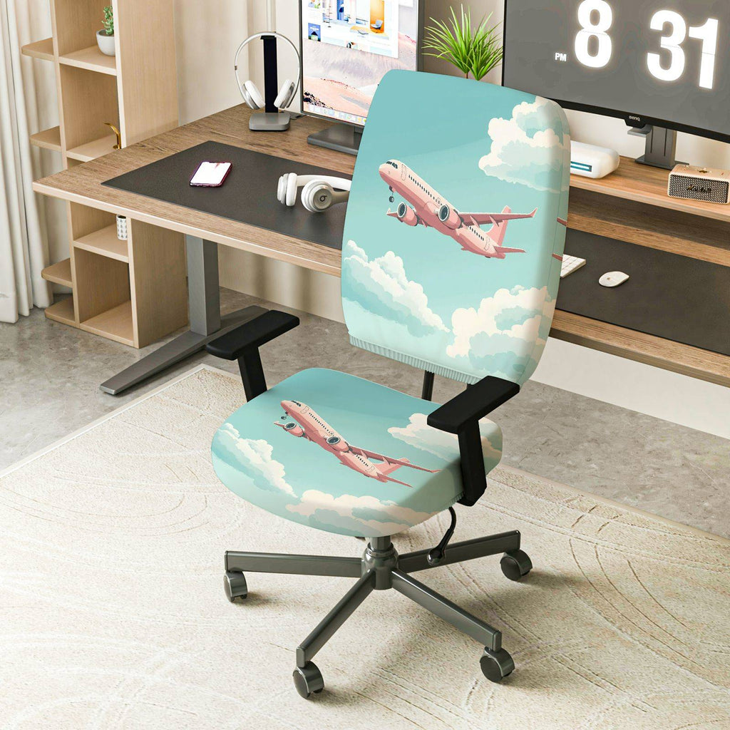 2-Piece Airplane Sky Clouds Travel Adventure  Computer Chair Cover Set, Seat and Backrest