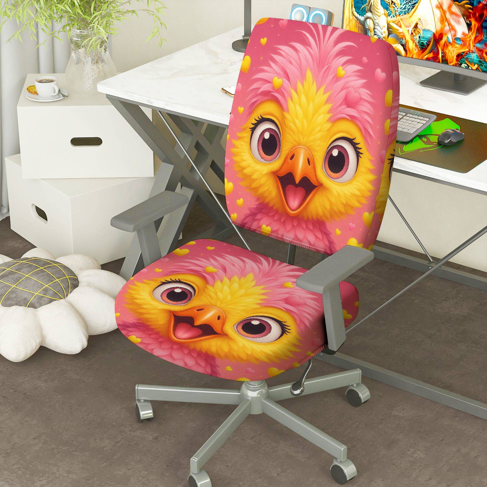2-Piece Animal Pink Yellow Heart Cute  Computer Chair Cover Set, Seat and Backrest