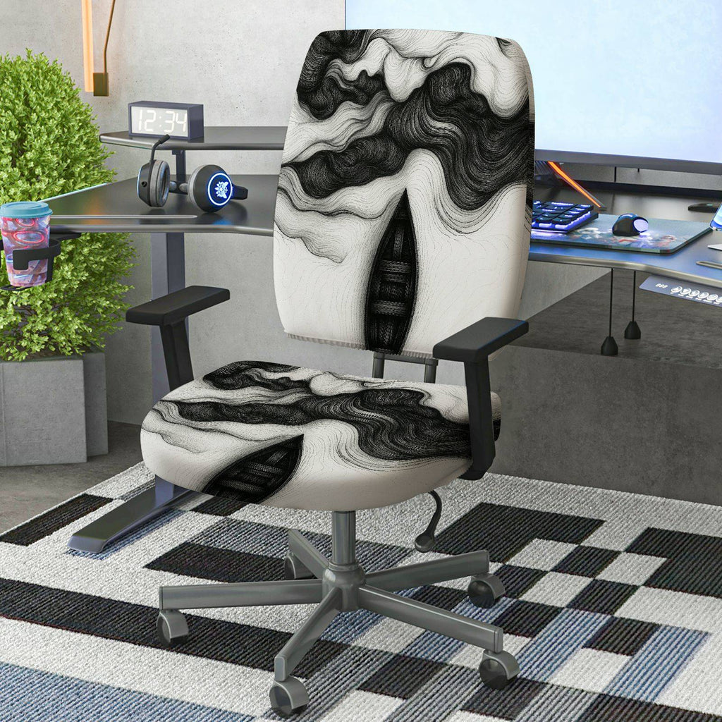 2-Piece Abstract Swirl Pattern Black White Artistic Modern  Computer Chair Cover Set, Seat and Backrest