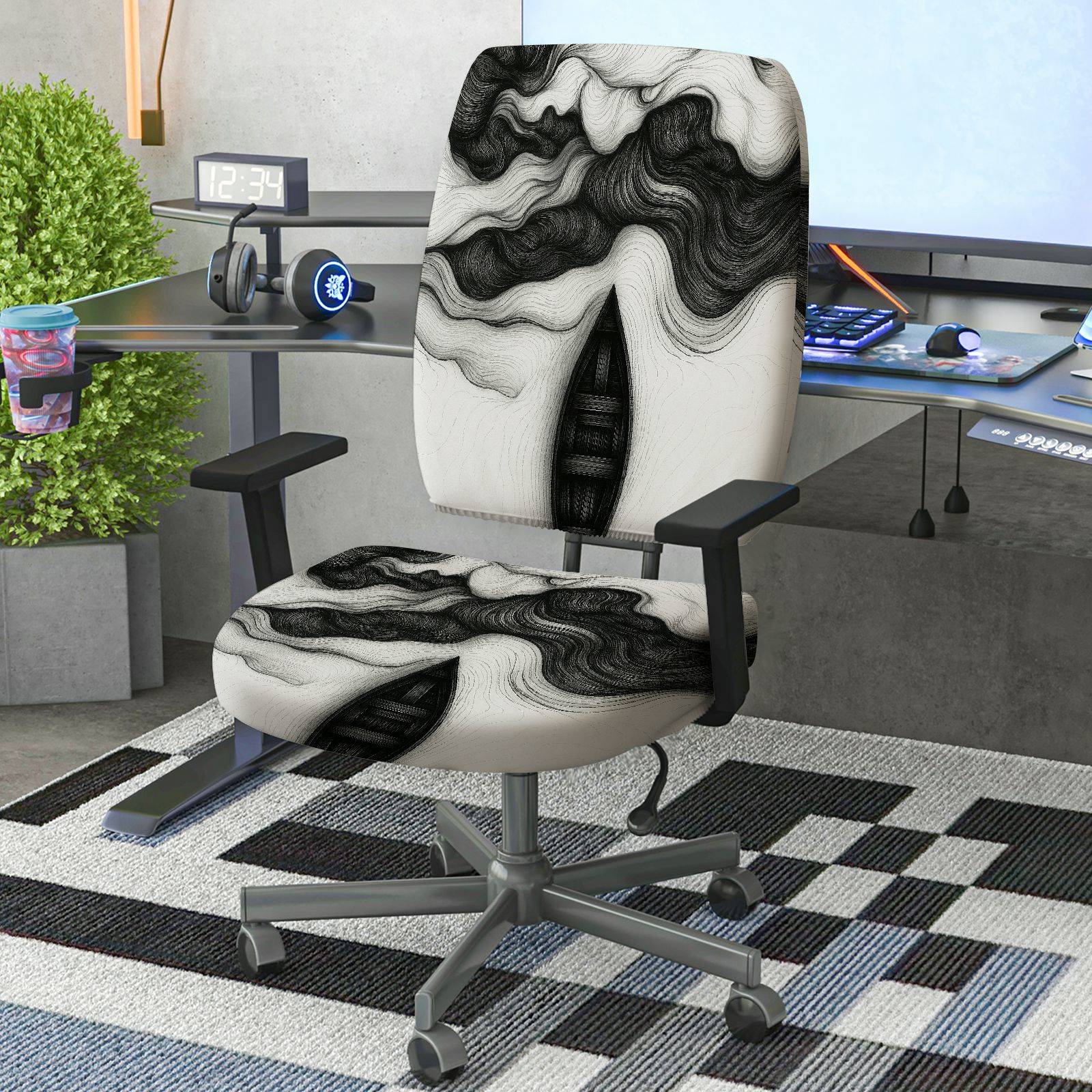 2-Piece Abstract Swirl Pattern Black White Artistic Modern  Computer Chair Cover Set, Seat and Backrest