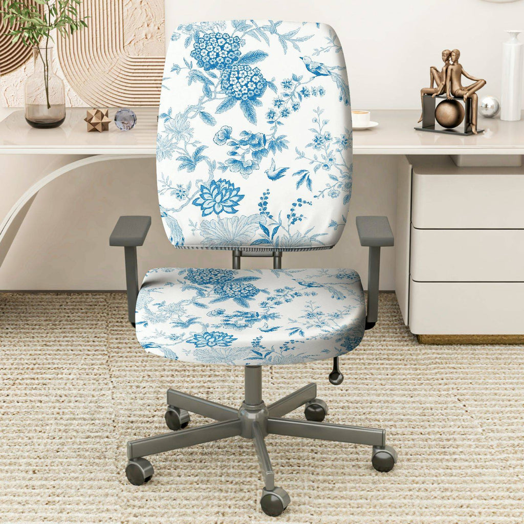 2-Piece Floral Bird Print Nature Blue White  Computer Chair Cover Set, Seat and Backrest