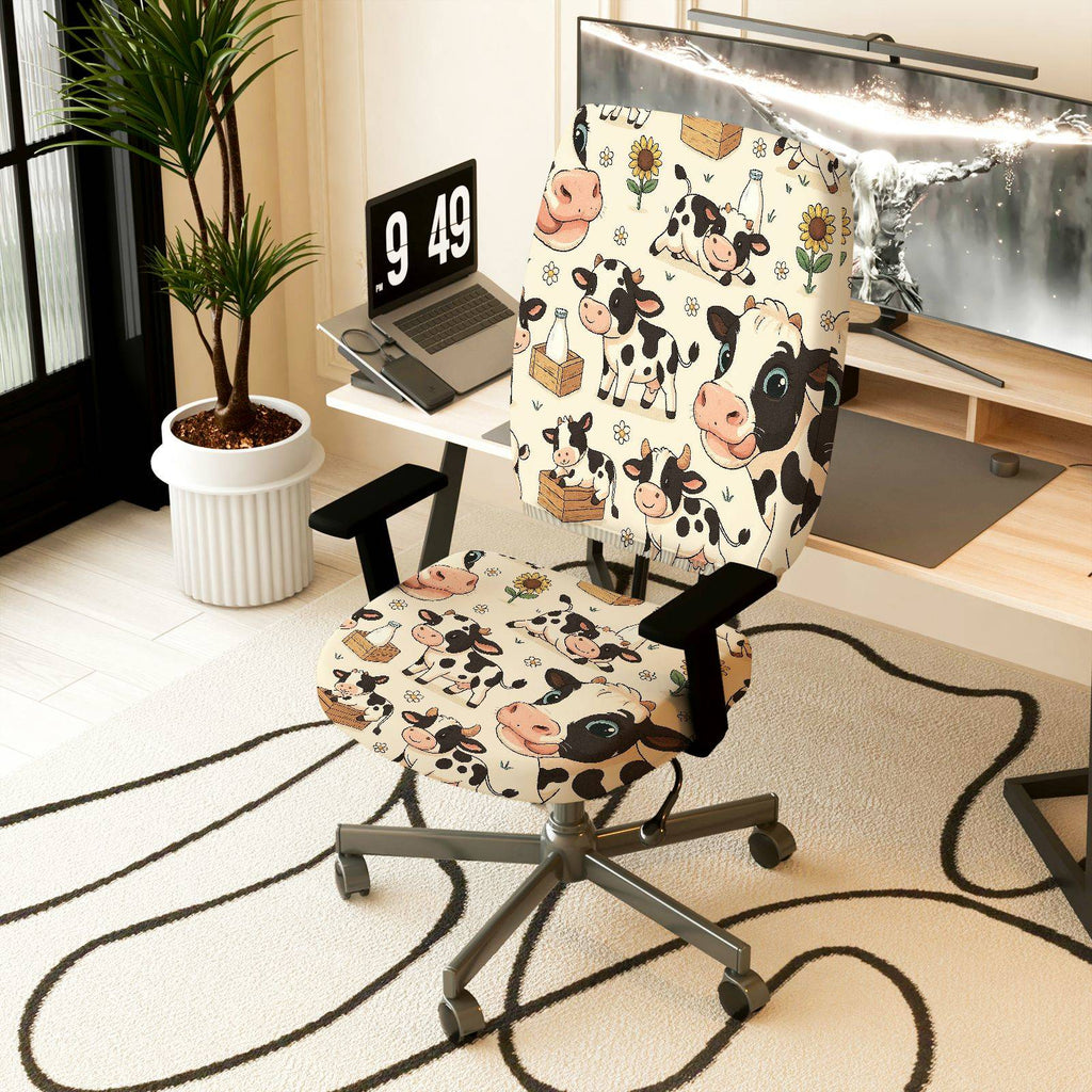 2-Piece Animal Farm Cow Design  Computer Chair Cover Set, Seat and Backrest