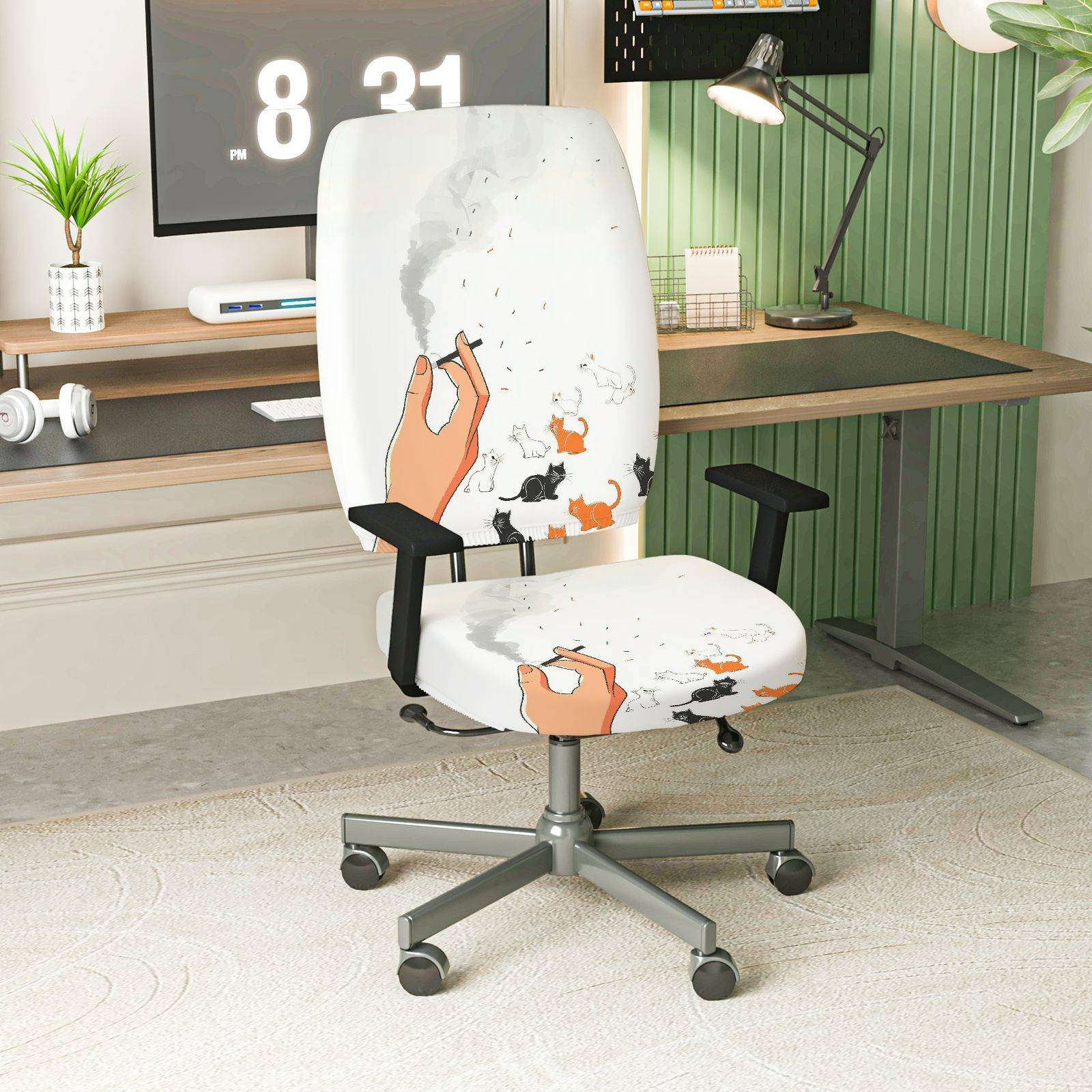 2-Piece Artistic Cat Smoking Hand Design  Computer Chair Cover Set, Seat and Backrest