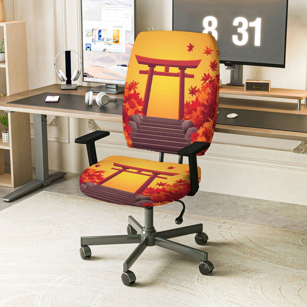 2-Piece Autumn Japanese Shrine Maple Leaves Scenery  Computer Chair Cover Set, Seat and Backrest