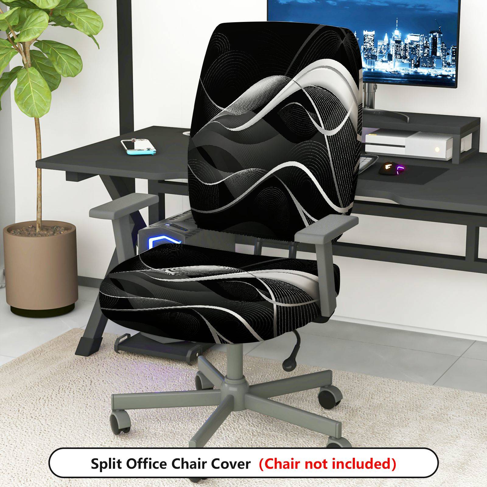 2-Piece Modern Abstract Geometric Black White Wave  Computer Chair Cover Set, Seat and Backrest