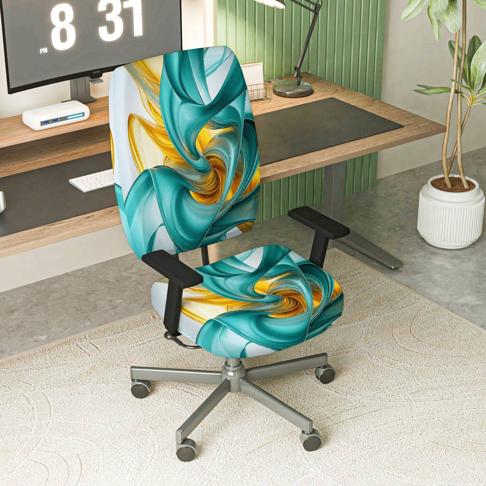 2-Piece Abstract Turquoise Golden Swirl Artistic Vibrant  Computer Chair Cover Set, Seat and Backrest