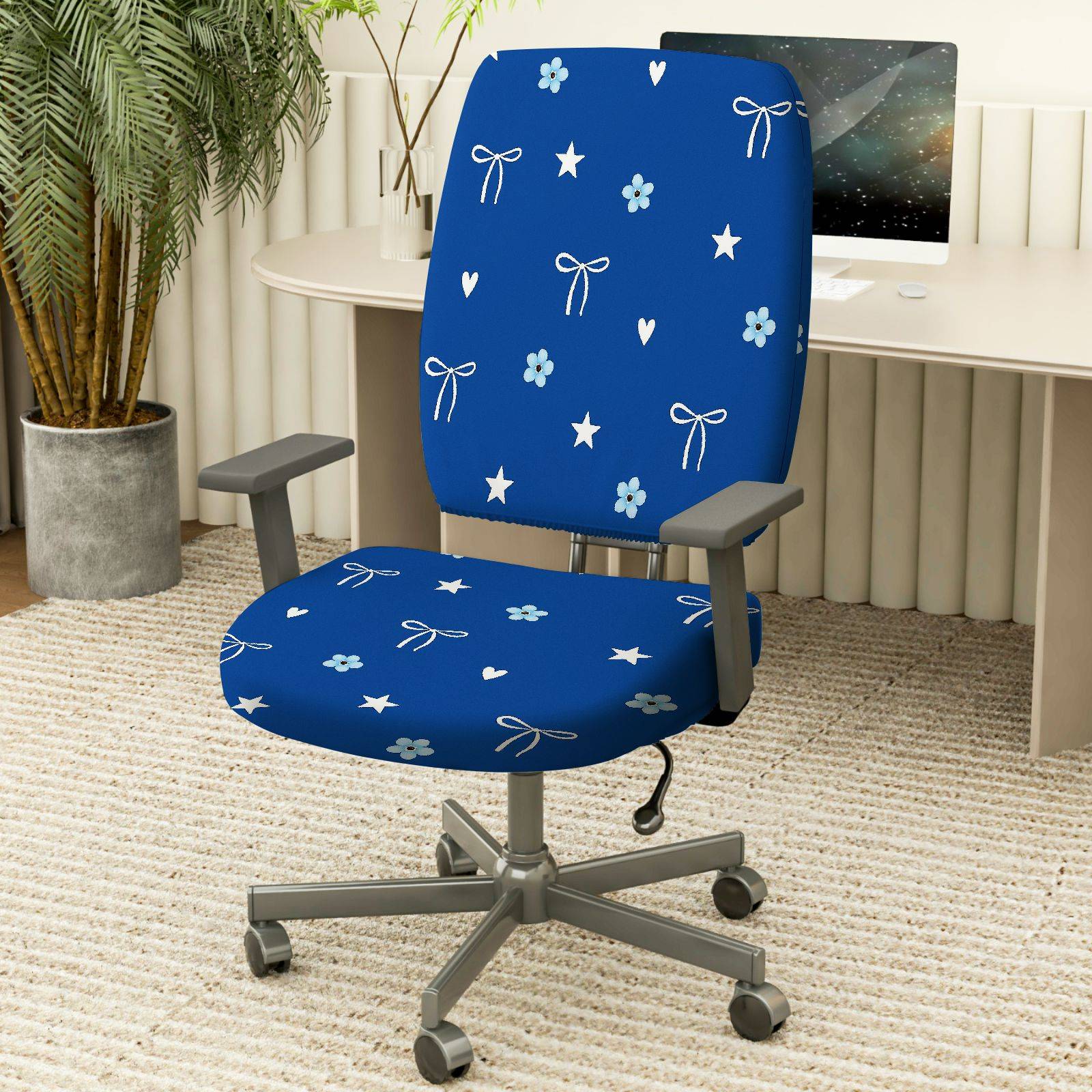 2-Piece Blue Star Heart Bow Flower  Computer Chair Cover Set, Seat and Backrest