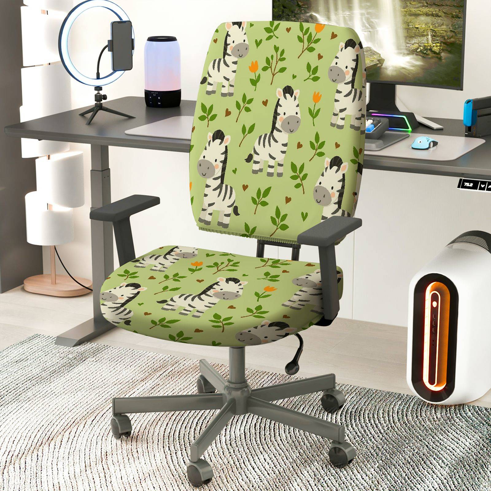 2-Piece Zebra Pattern Green Floral Fun Nature Animal  Computer Chair Cover Set, Seat and Backrest