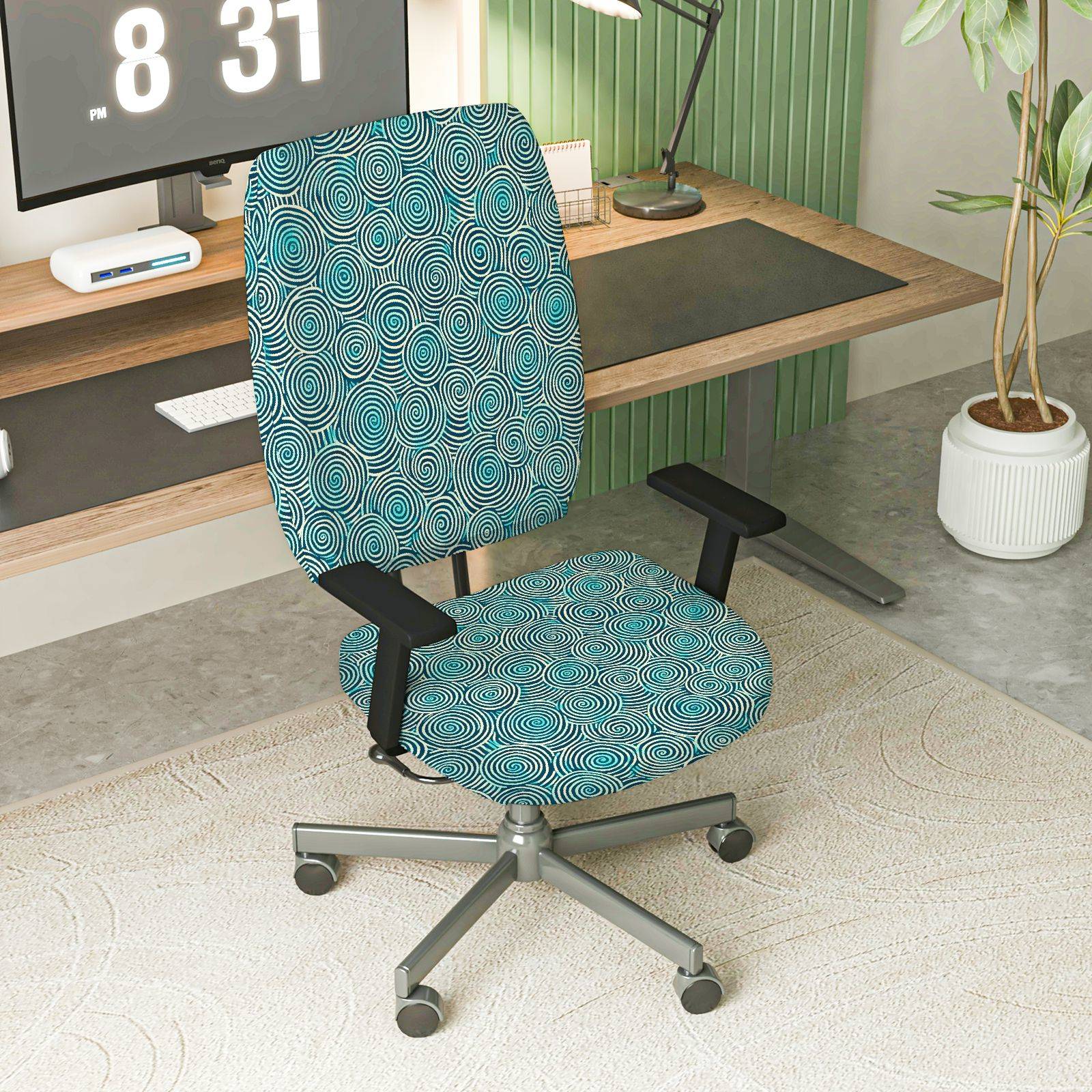 2-Piece Geometric Swirl Pattern Turquoise Stylish Modern  Computer Chair Cover Set, Seat and Backrest