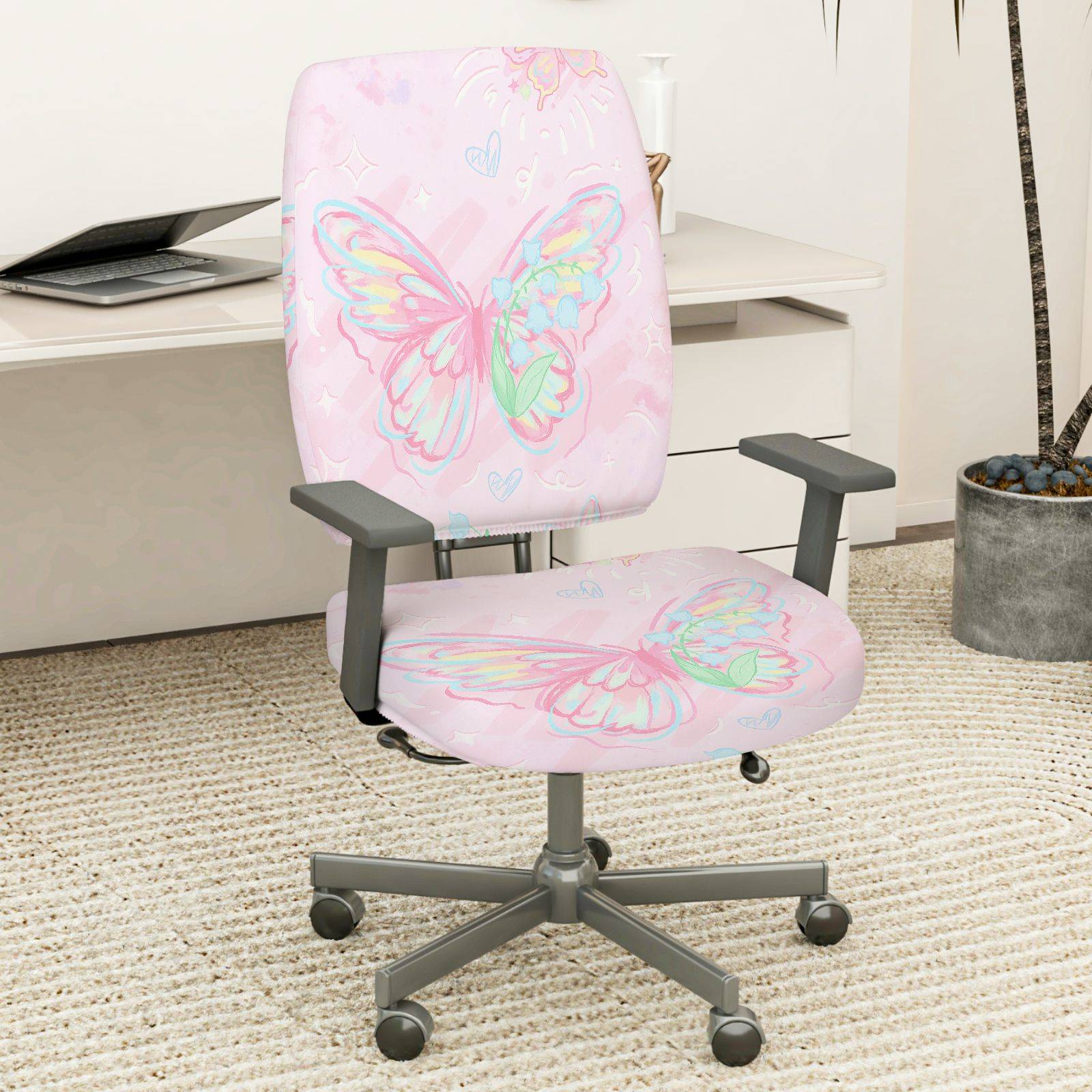 2-Piece Pink Butterfly Pastel Artistic Cheerful Cute  Computer Chair Cover Set, Seat and Backrest