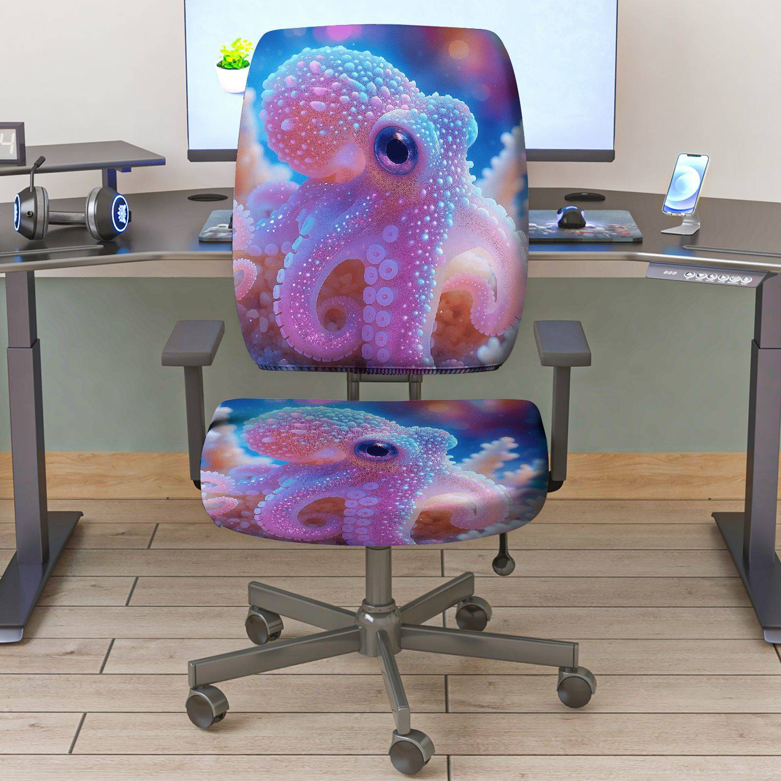 2-Piece Ocean Animal Octopus Coral Pattern Vibrant Color  Computer Chair Cover Set, Seat and Backrest