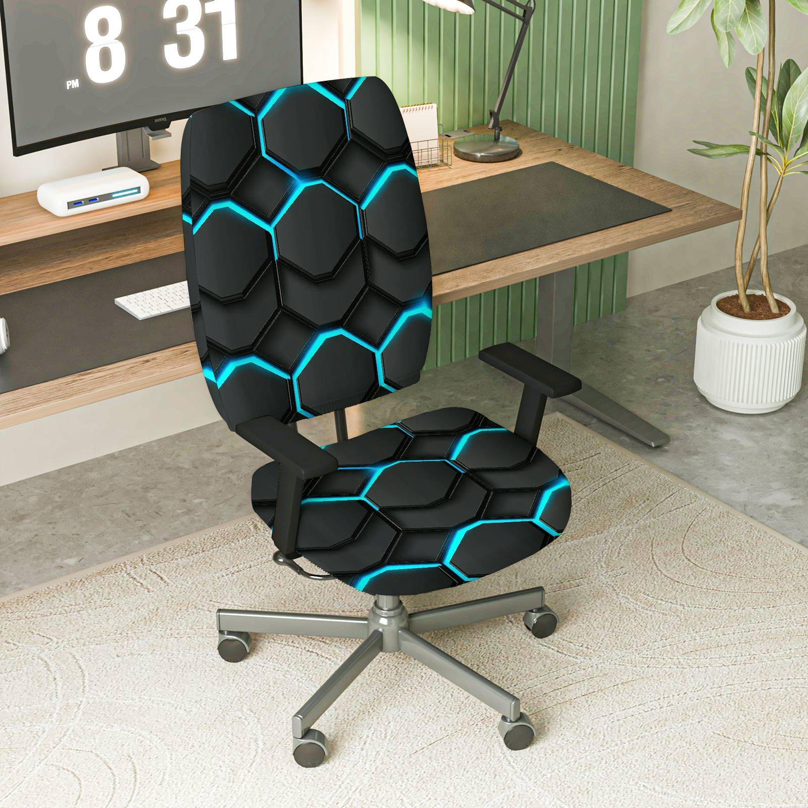 2-Piece Geometric Modern Futuristic Hexagonal Luminous  Computer Chair Cover Set, Seat and Backrest