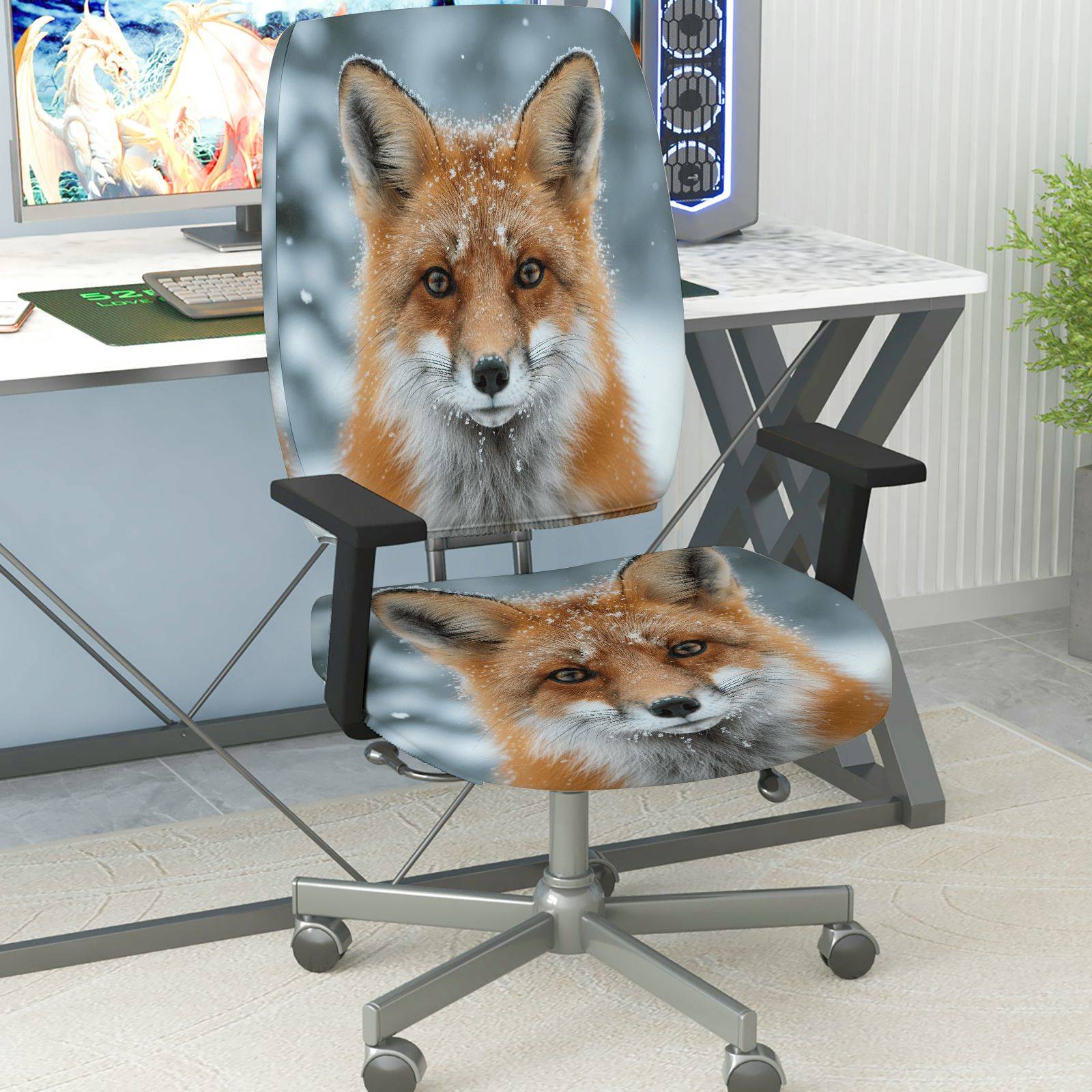 2-Piece Animal Nature Fox Snow Winter  Computer Chair Cover Set, Seat and Backrest