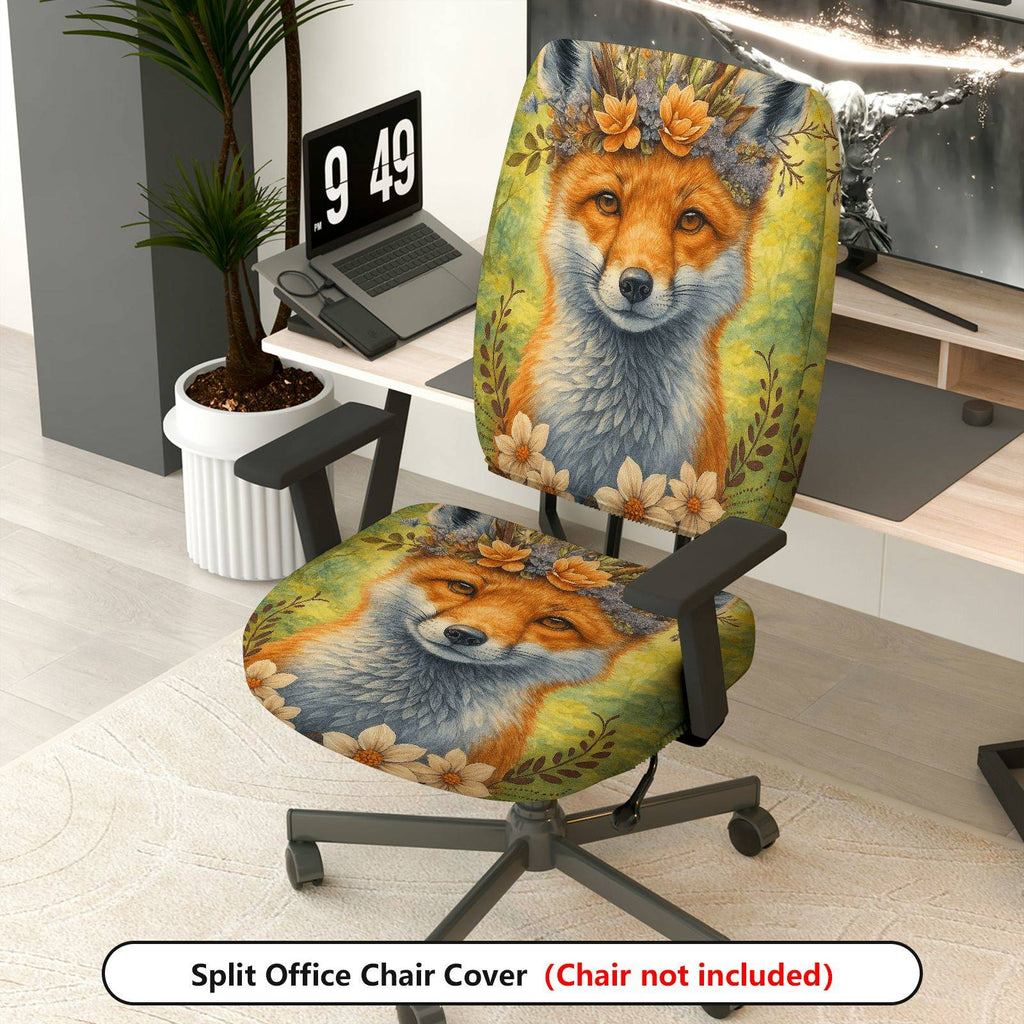 2-Piece Animal Floral Fox Nature Art  Computer Chair Cover Set, Seat and Backrest