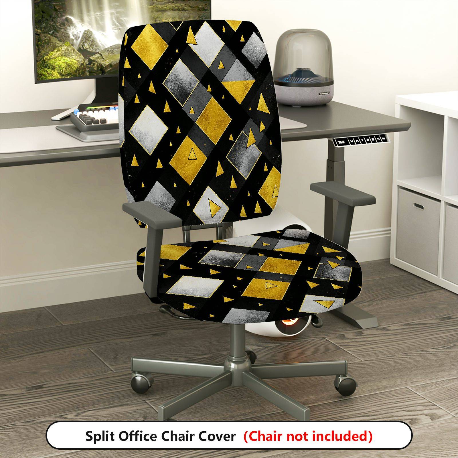 2-Piece Geometric Modern Pattern Black Gold Gray  Computer Chair Cover Set, Seat and Backrest