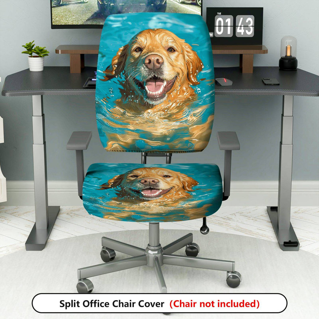 2-Piece Swimming Dog Animal Fun Pet  Computer Chair Cover Set, Seat and Backrest