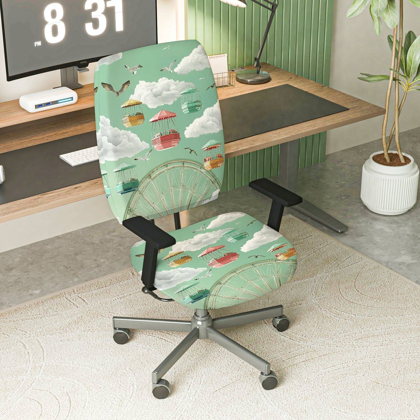 2-Piece Amusement Park Ferris Wheel Clouds Birds Festive  Computer Chair Cover Set, Seat and Backrest