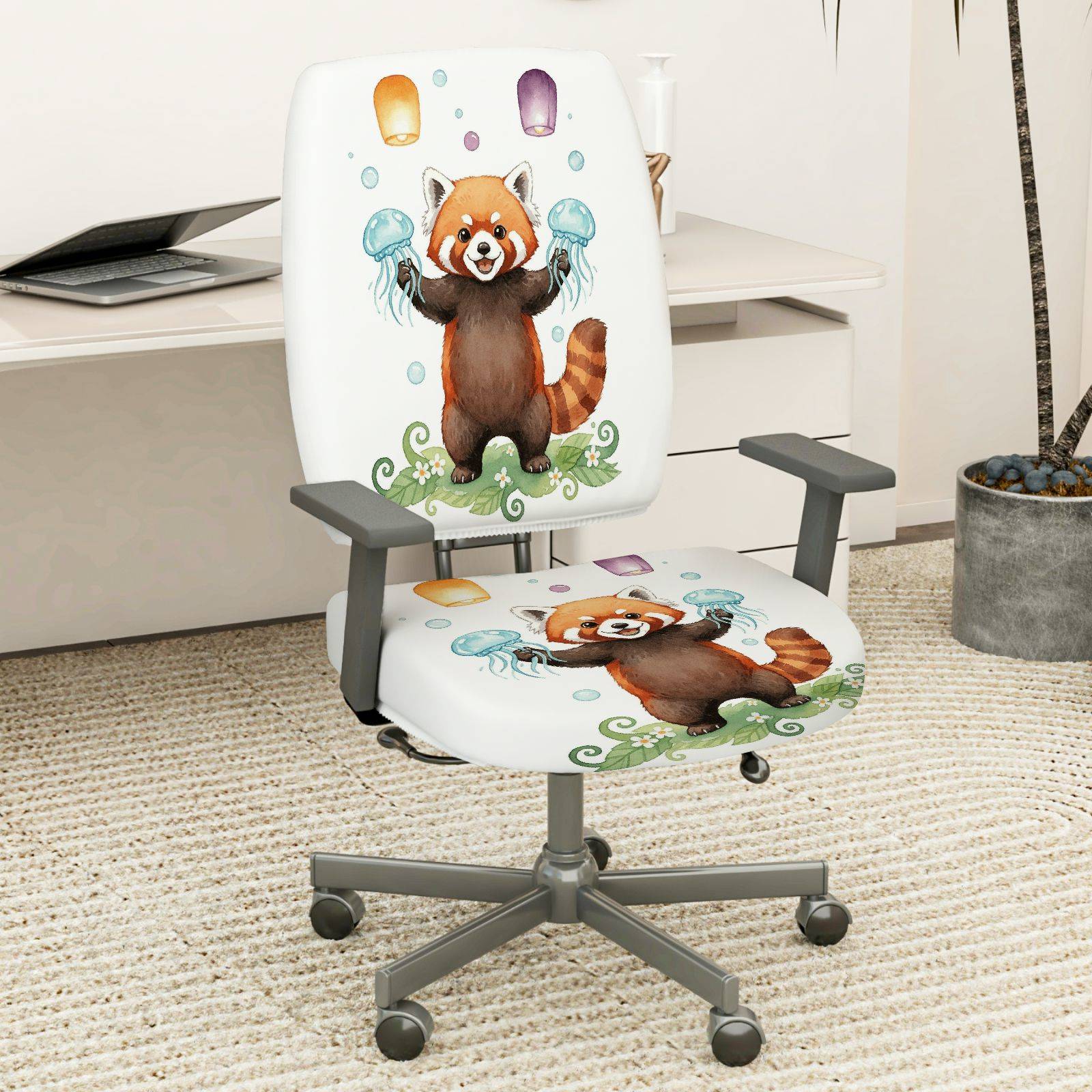 2-Piece Animal Red Panda Jellyfish Lantern  Computer Chair Cover Set, Seat and Backrest