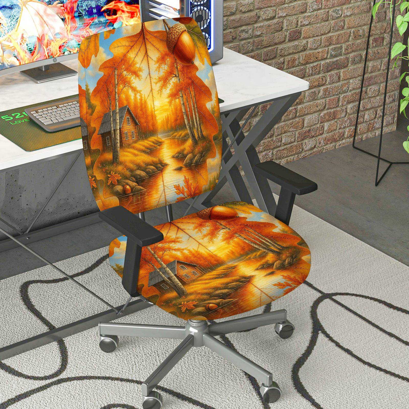 2-Piece Autumn Scenic Cottage Forest River Rustic  Computer Chair Cover Set, Seat and Backrest