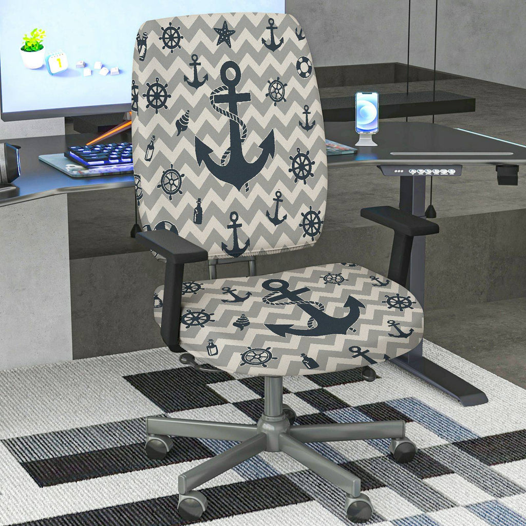 2-Piece Anchor Steering Wheel Chevron Pattern Star Marine Theme  Computer Chair Cover Set, Seat and Backrest