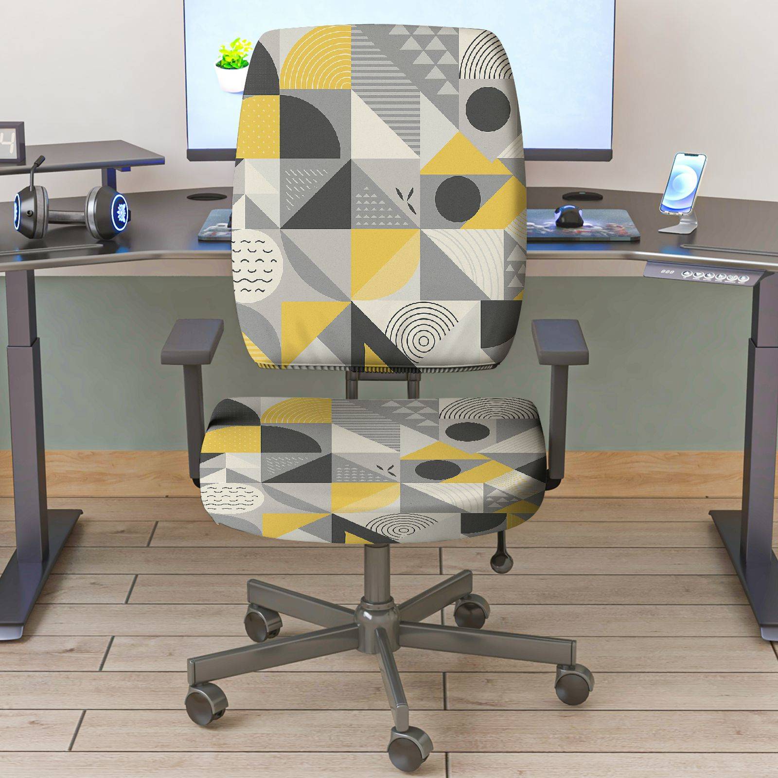 2-Piece Modern Geometric Colorful Stylish Artistic  Computer Chair Cover Set, Seat and Backrest