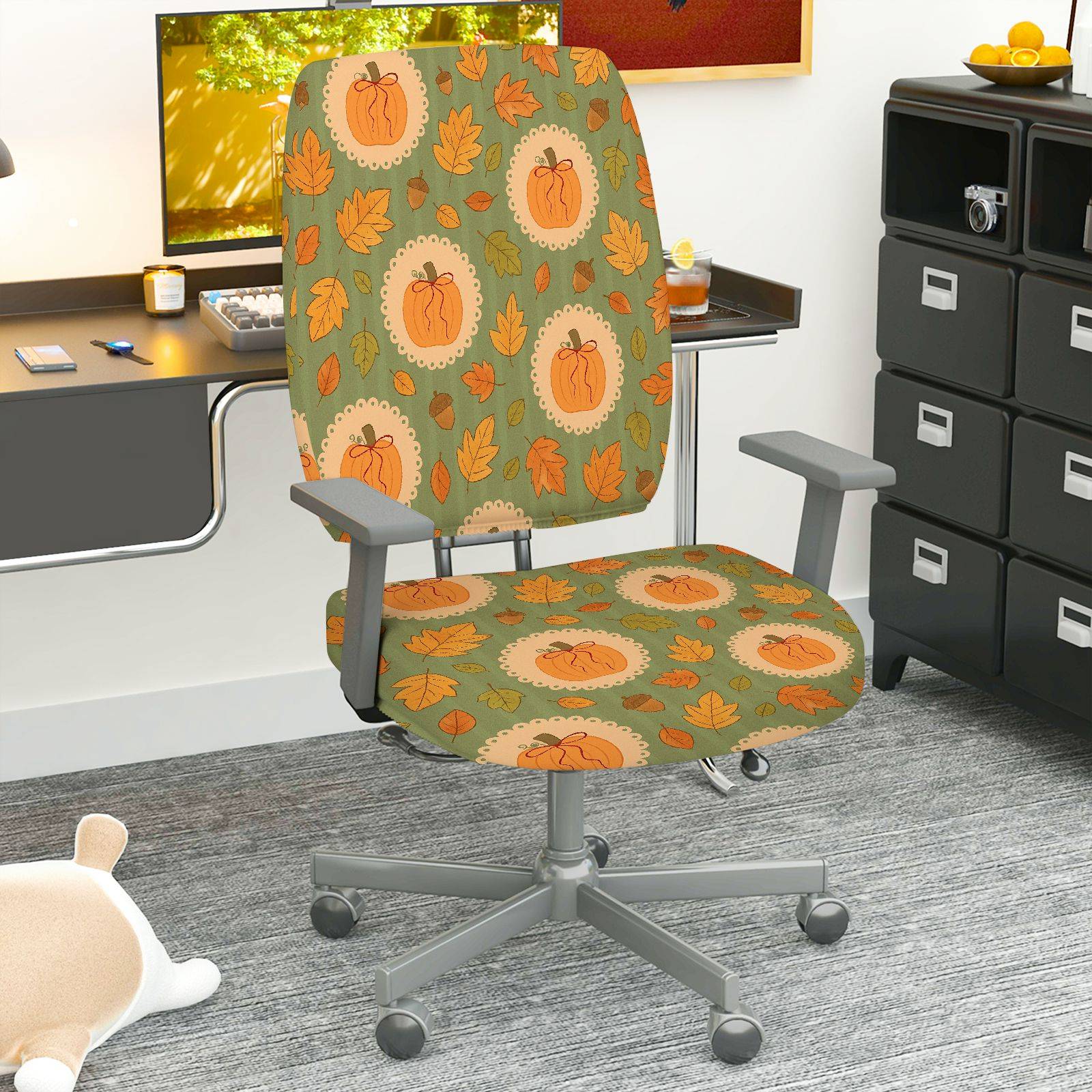 2-Piece Autumn Pumpkin Leaf Pattern Thanksgiving  Computer Chair Cover Set, Seat and Backrest