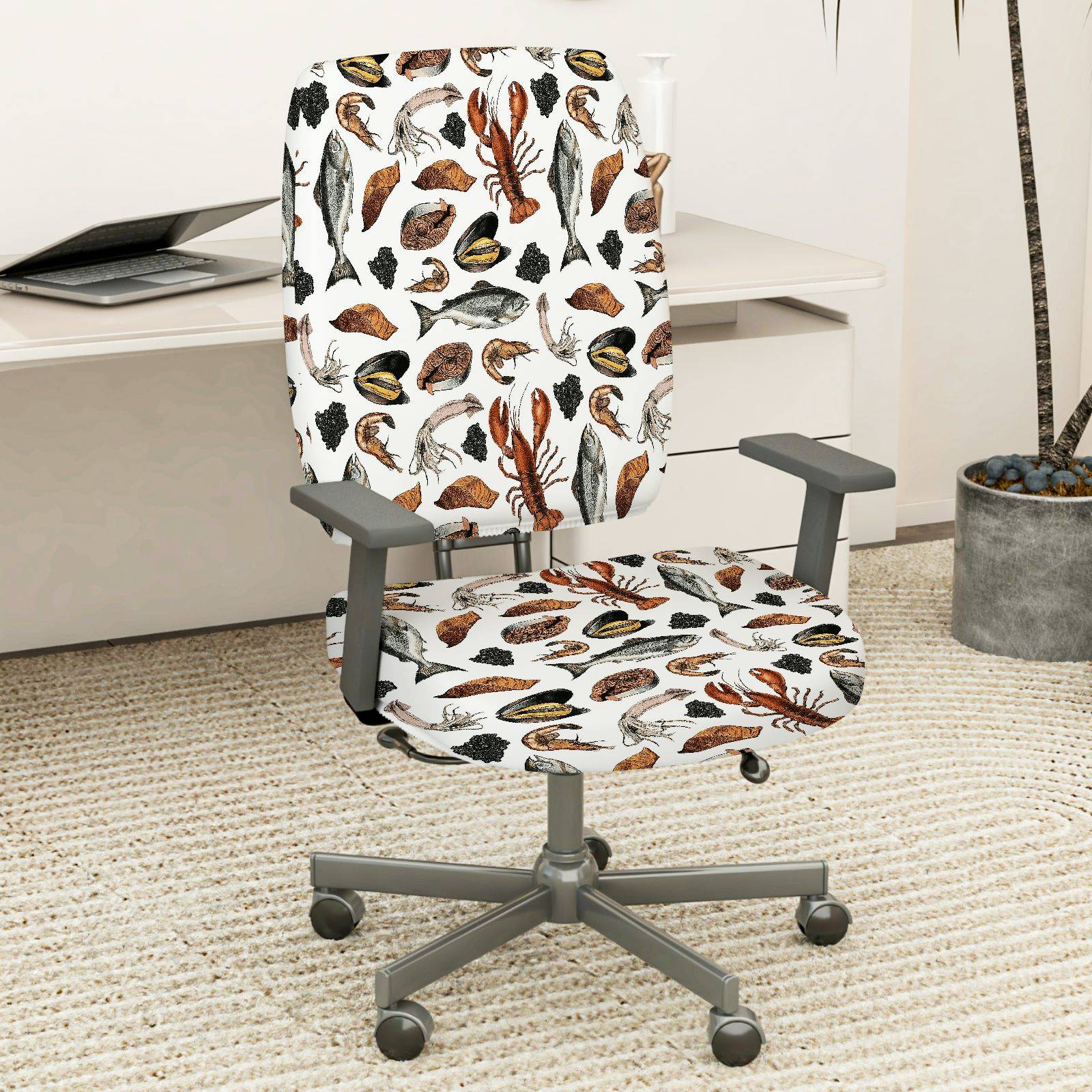 2-Piece Seafood Pattern Marine Theme Ocean Animal Coastal Style Nautical Design  Computer Chair Cover Set, Seat and Backrest