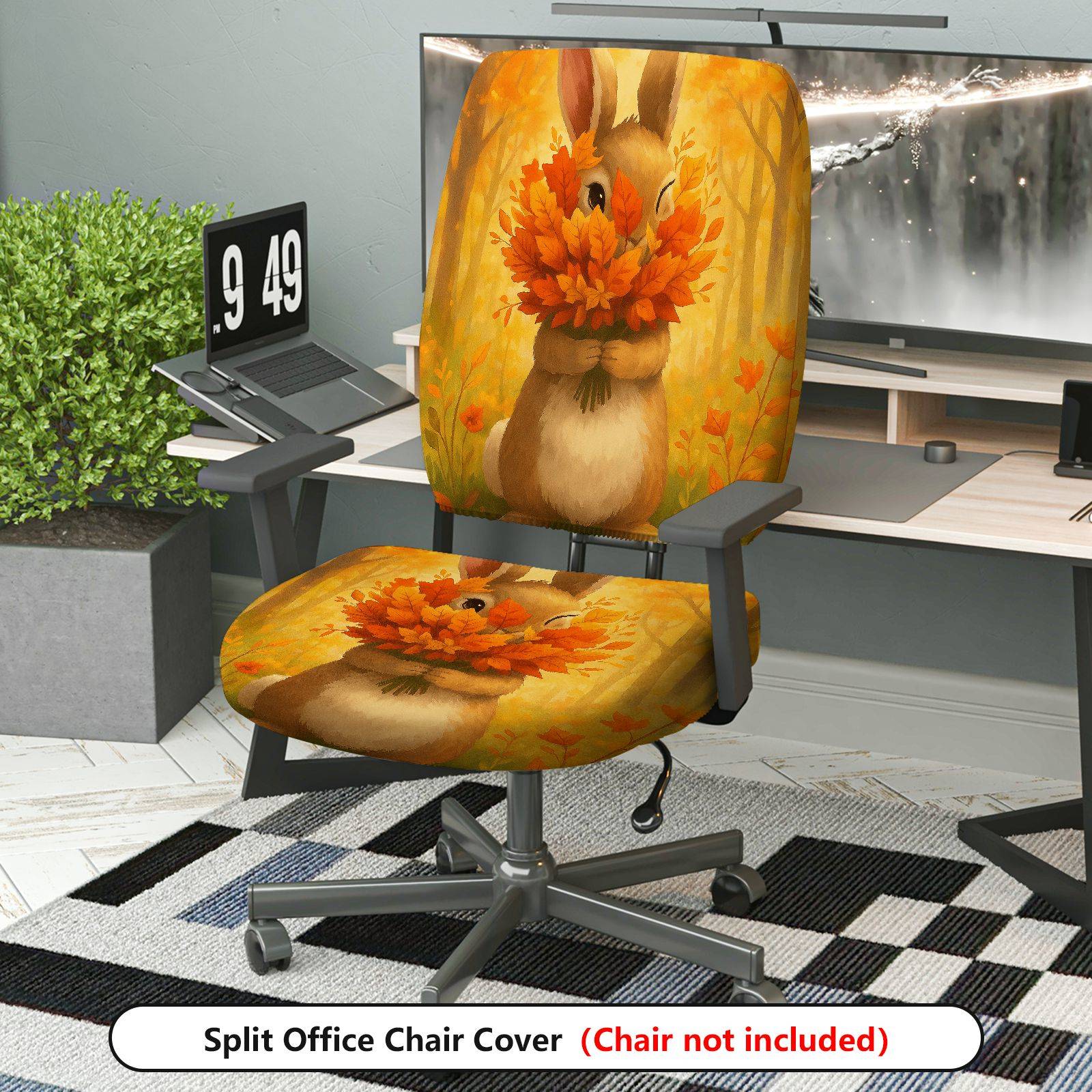 2-Piece Autumn Rabbit Leaves Forest Festival  Computer Chair Cover Set, Seat and Backrest