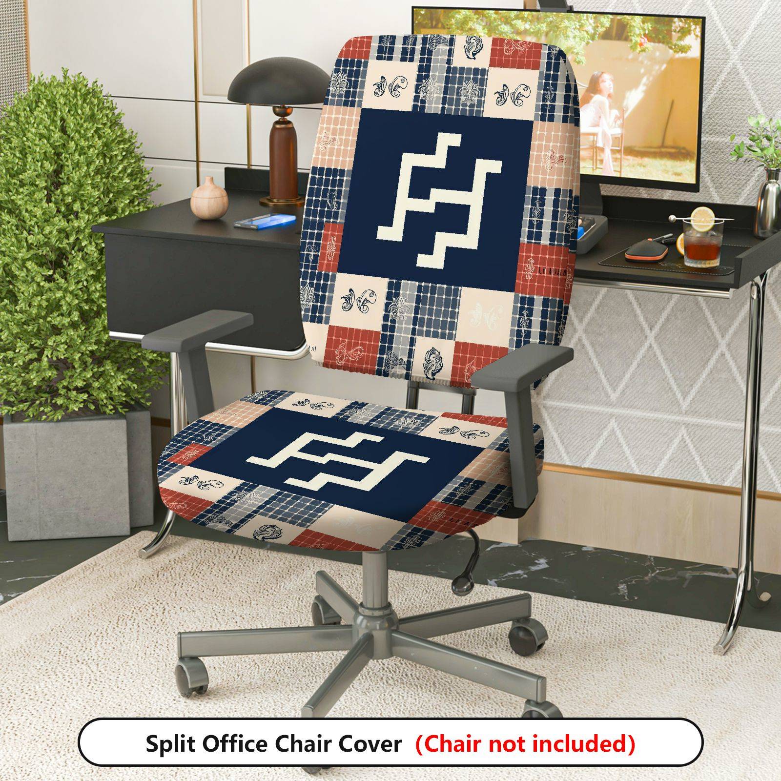 2-Piece Geometric Abstract Plaid Patchwork Boho  Computer Chair Cover Set, Seat and Backrest