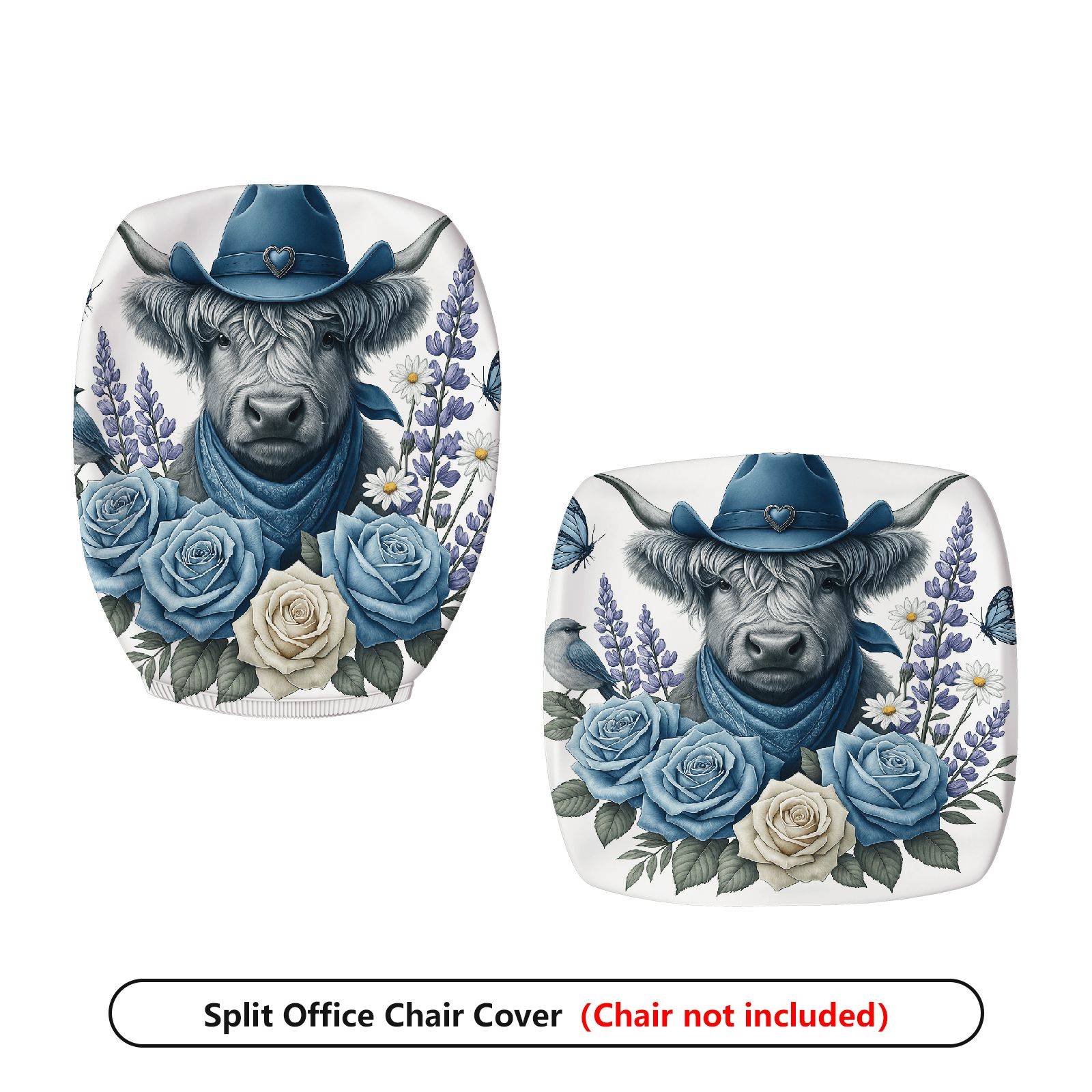 2-Piece Cowboy Blue Floral Animal Farm  Computer Chair Cover Set, Seat and Backrest