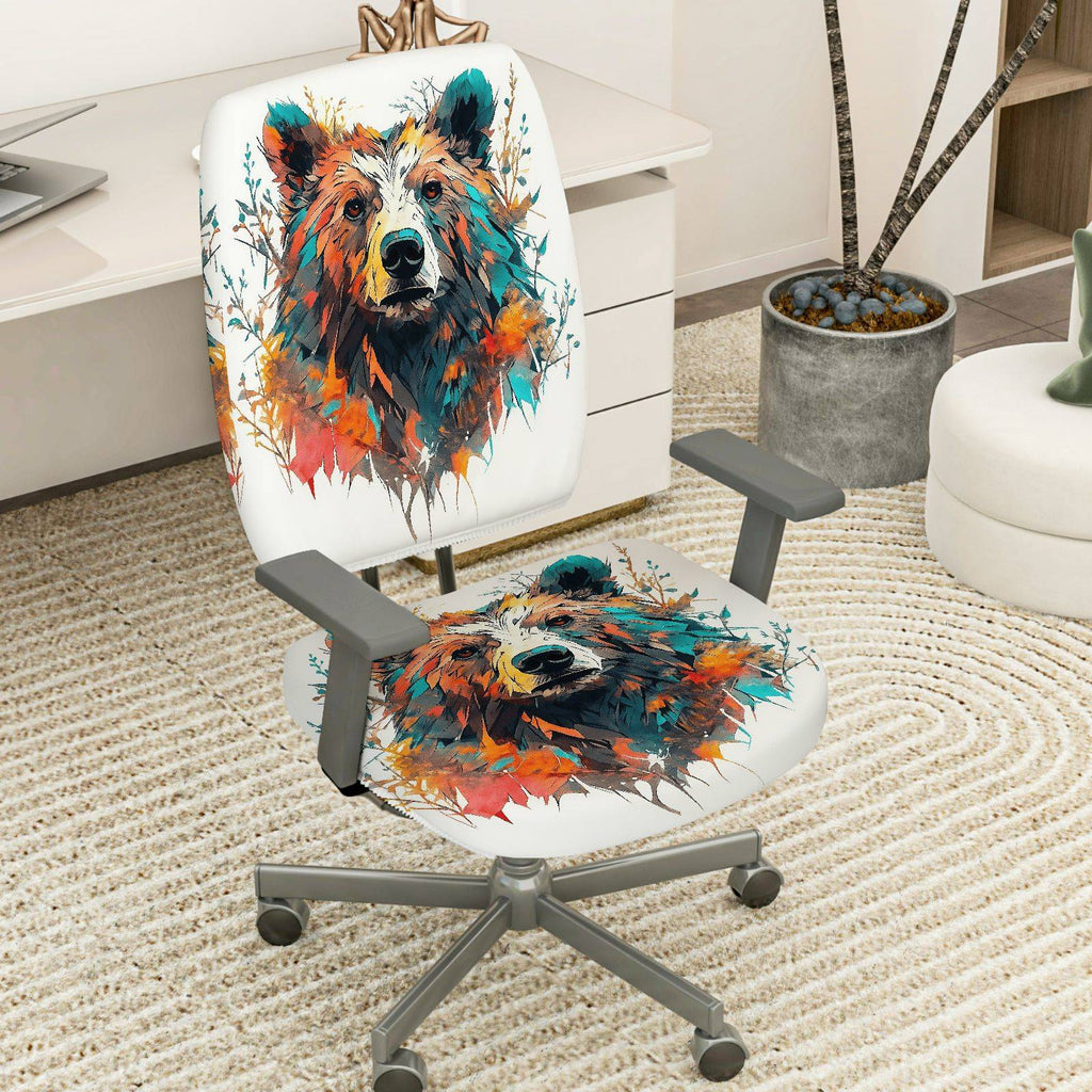 2-Piece Colorful Bear Animal Art Design  Computer Chair Cover Set, Seat and Backrest