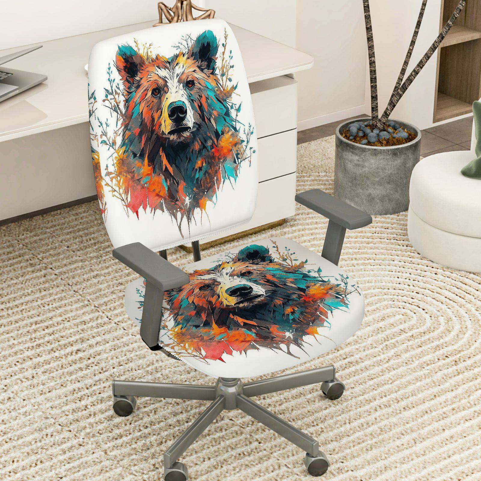 2-Piece Colorful Bear Animal Art Design  Computer Chair Cover Set, Seat and Backrest