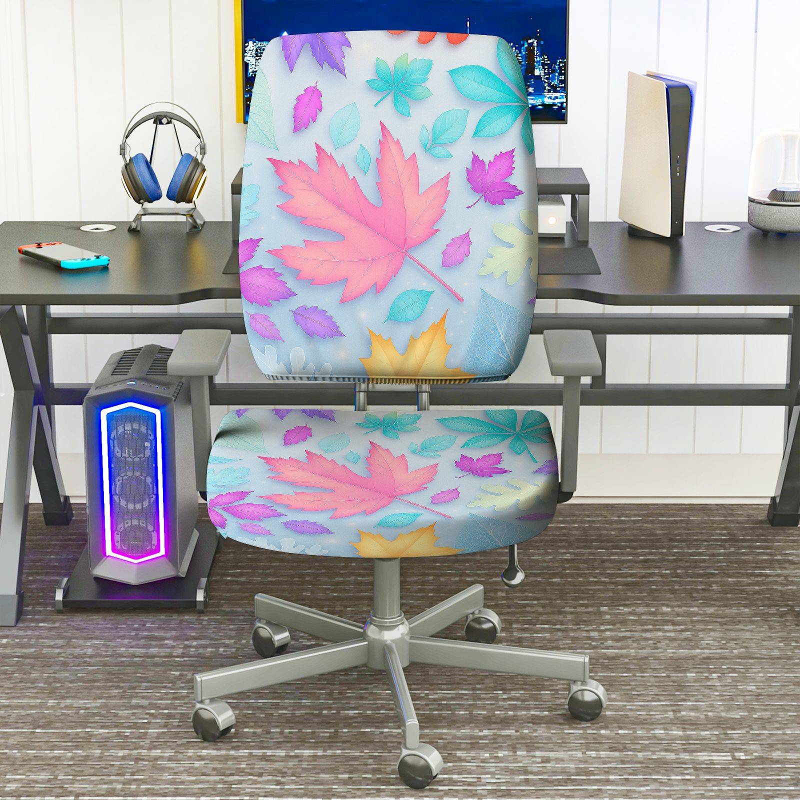 2-Piece Autumn Leaves Floral Pattern Colorful Design  Computer Chair Cover Set, Seat and Backrest