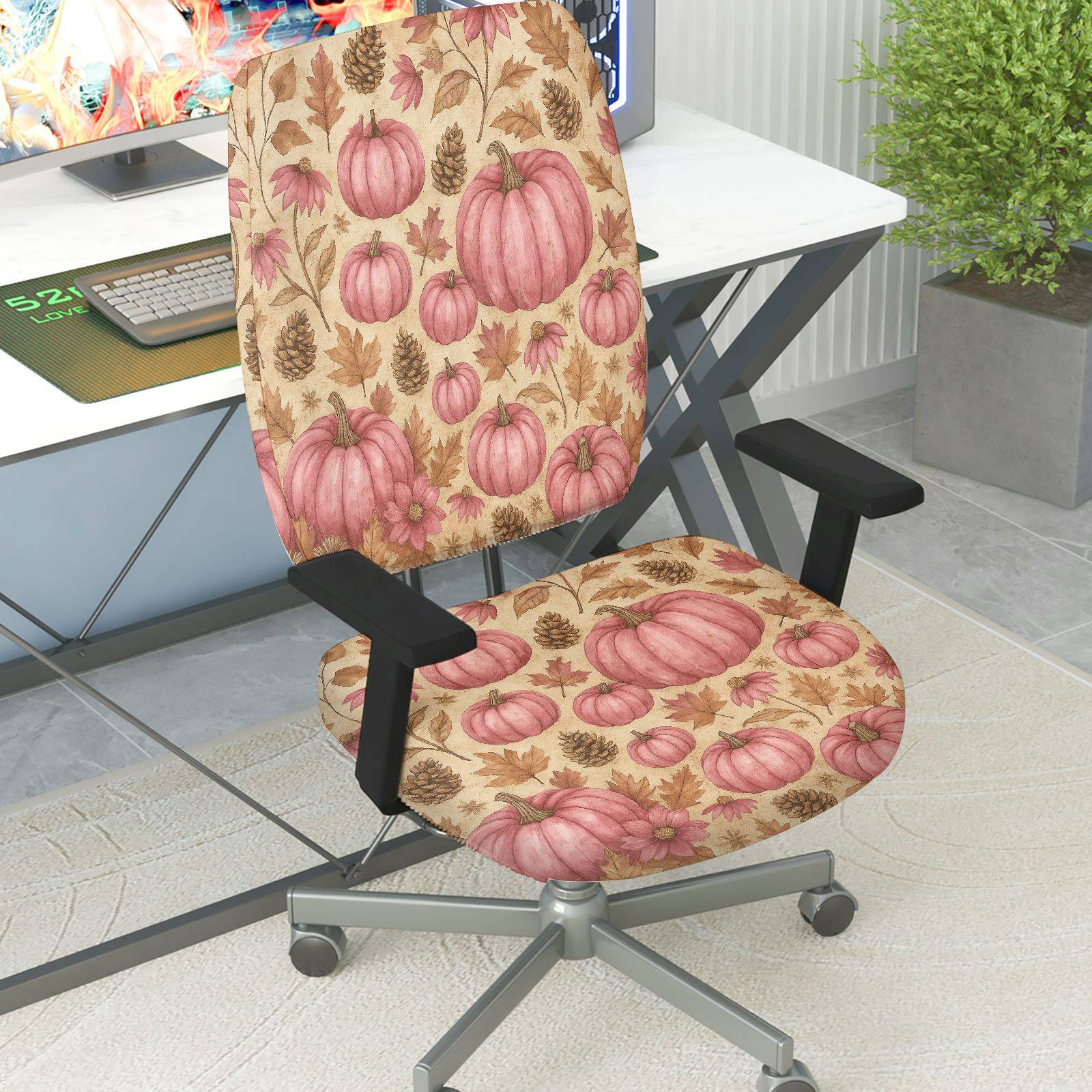 2-Piece Autumn Pumpkin Pinecone Maple Leaves Thanksgiving  Computer Chair Cover Set, Seat and Backrest