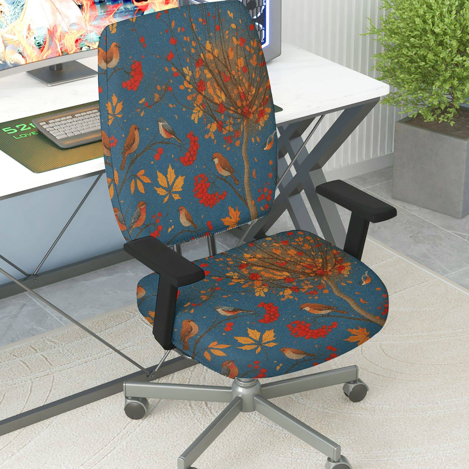 2-Piece Autumn Birds Leaves Tree Nature  Computer Chair Cover Set, Seat and Backrest
