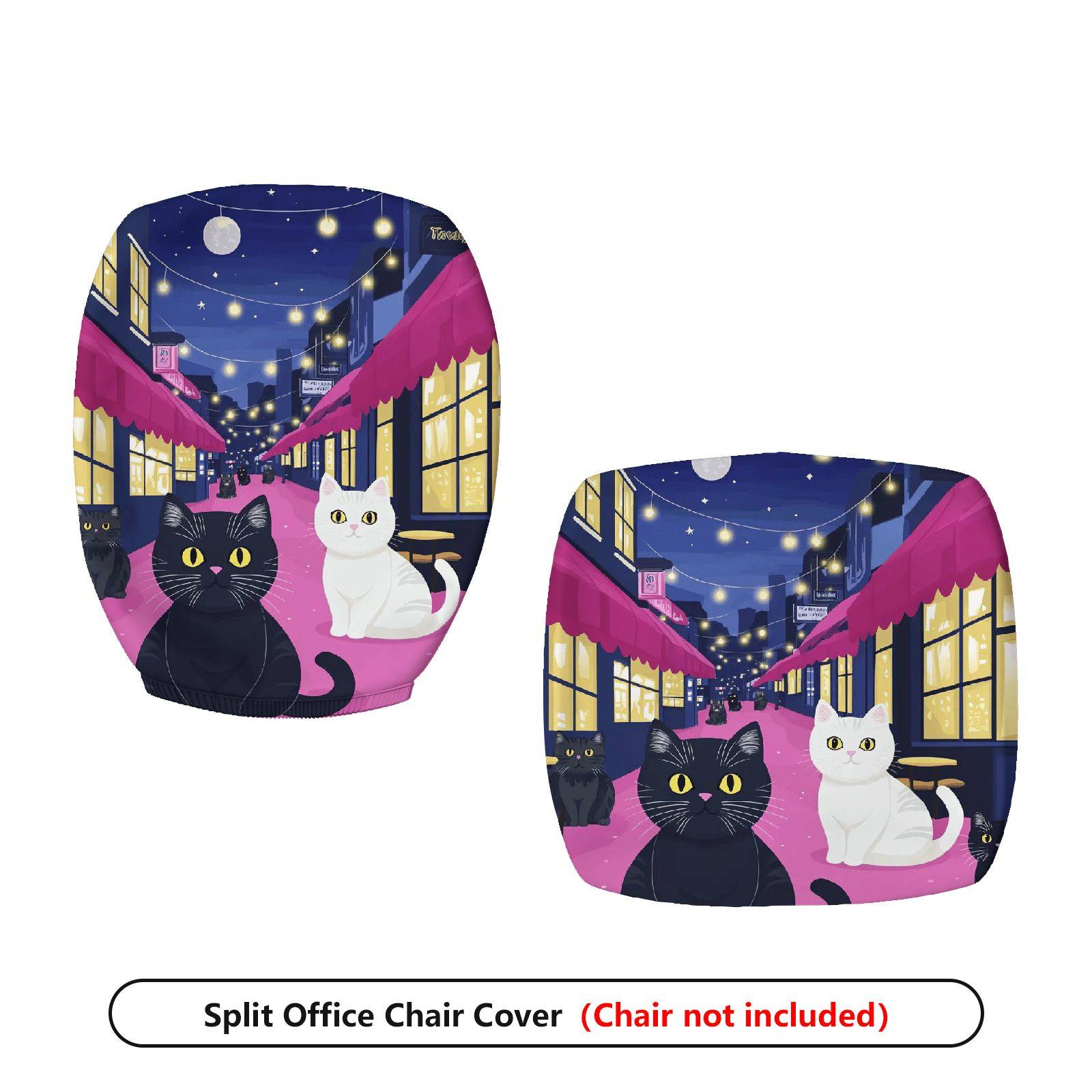2-Piece Cat Night Street Black White Moonlight  Computer Chair Cover Set, Seat and Backrest