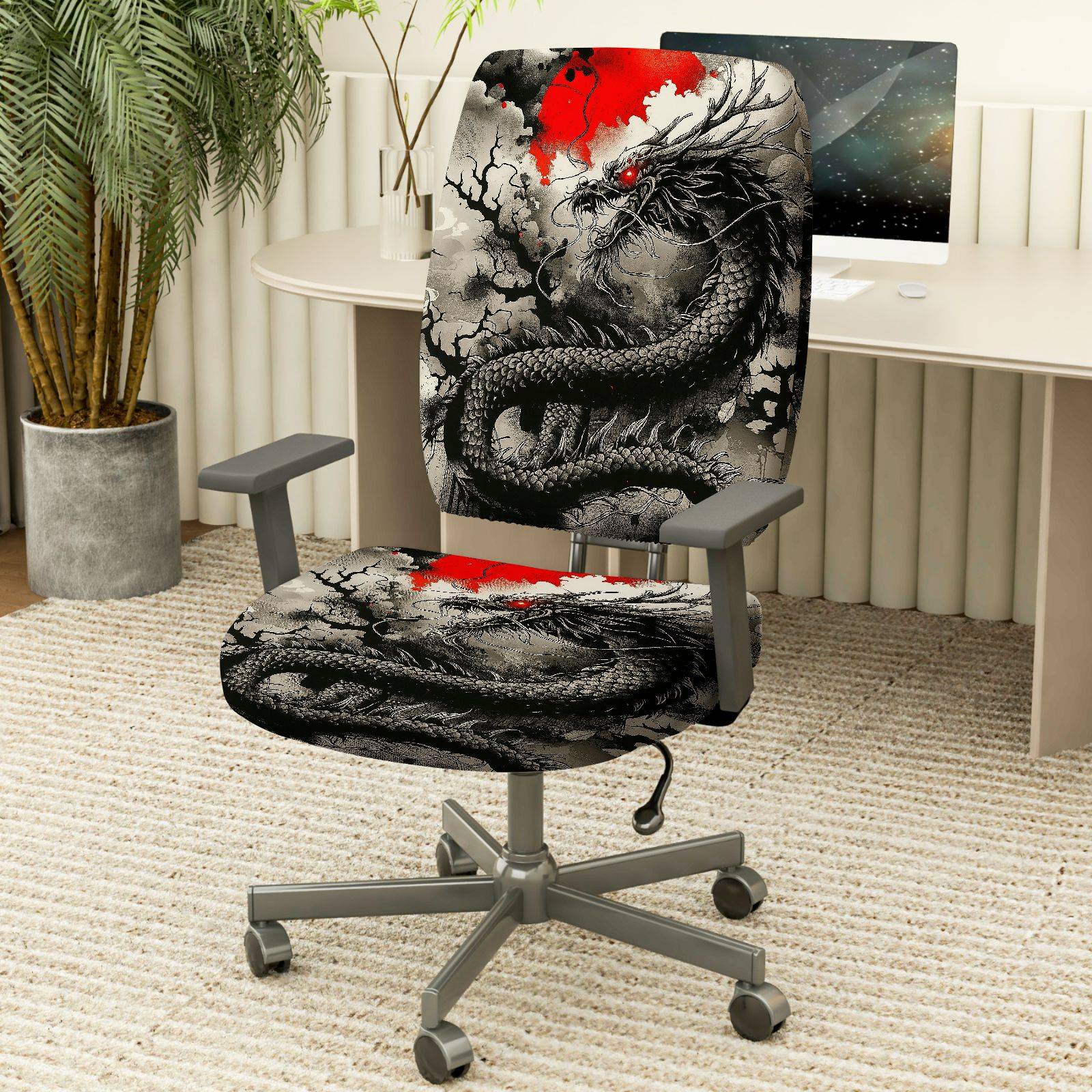 2-Piece Dragon Mythical Red Black Magic Art  Computer Chair Cover Set, Seat and Backrest