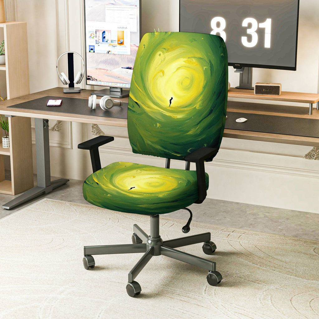 2-Piece Abstract Swirl Art Green Yellow  Computer Chair Cover Set, Seat and Backrest