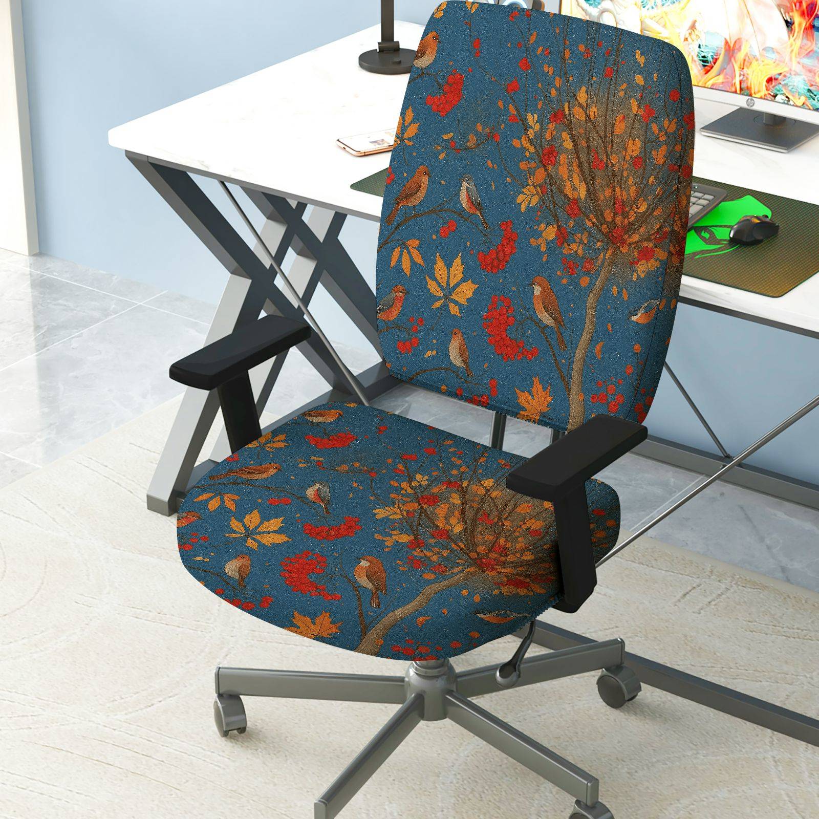 2-Piece Autumn Birds Leaves Tree Nature  Computer Chair Cover Set, Seat and Backrest