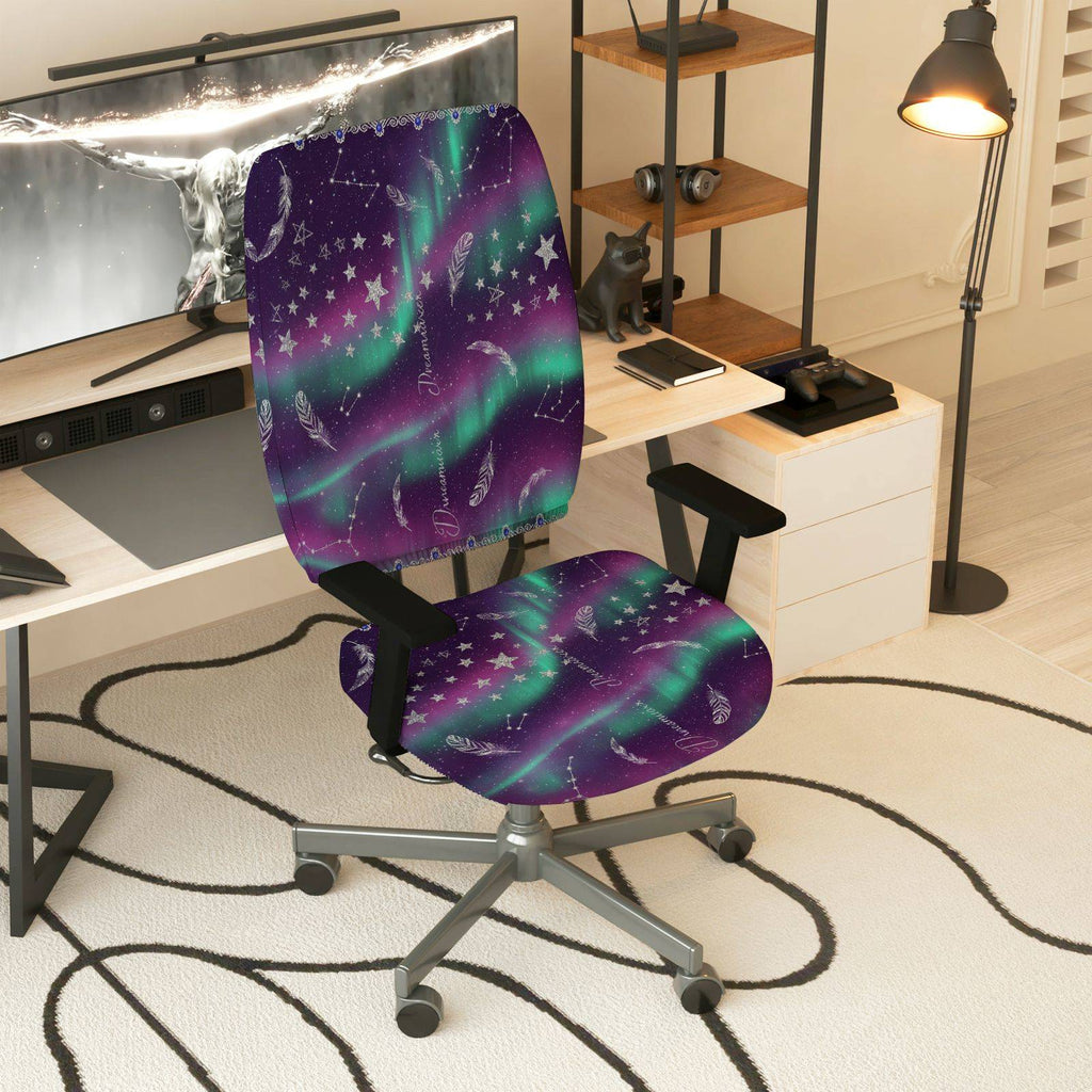 2-Piece Aurora Stars Feathers Galaxy Night  Computer Chair Cover Set, Seat and Backrest
