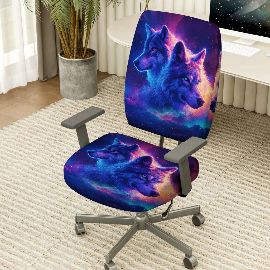 2-Piece Galaxy Wolf Art Starry Night Animal  Computer Chair Cover Set, Seat and Backrest