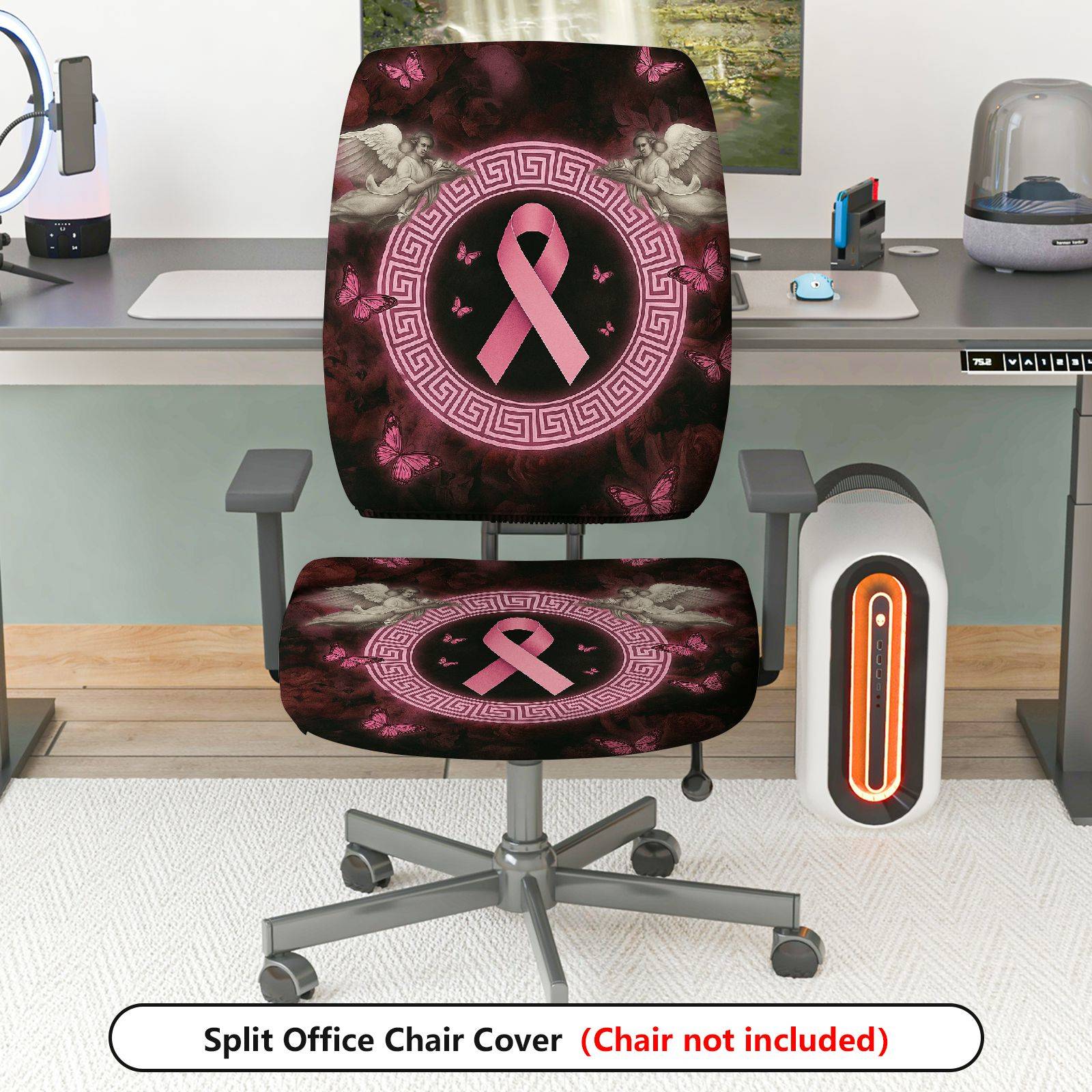 2-Piece Angel Butterfly Ribbon Pattern Pink  Computer Chair Cover Set, Seat and Backrest