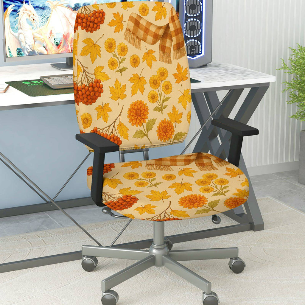 2-Piece Autumn Floral Maple Chrysanthemum Scarf Pattern  Computer Chair Cover Set, Seat and Backrest